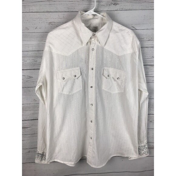 Ely 1878 Dress Shirt Large Snap Button Down White Silver Striped Cross Design - Picture 1 of 12